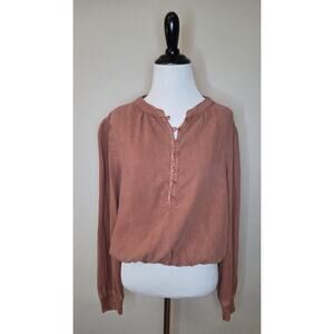 Bella Dahl Terracotta Long‎ Sleeve Tencel Crop Top Blouse Button Detail L